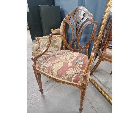 An antique satinwood neoclassical style armchair with painted floral decoration, tapestry covered seat together with a simila