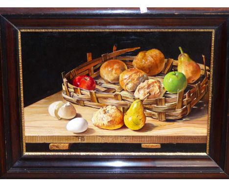 Robert Dumont Smith (1908-1994) Still life Fruit and bread in a basket. signed l/r. labelled verso. 48 x 32 cm.
