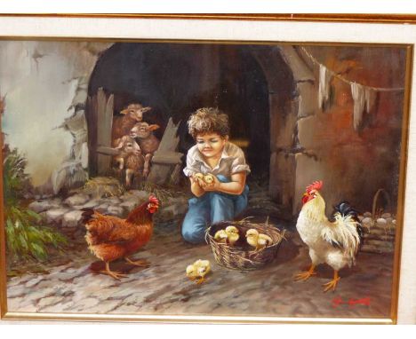 Giovanni Galli. (b.1939) Boy with young chicks in farmyard. Oil on board. signed L/R. 38 x 29 cm.