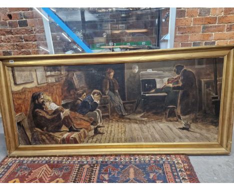Early 20th Century school. Music room interior scene. Oil on canvas. indistinctly signed L/R. 161 x 65 cm.