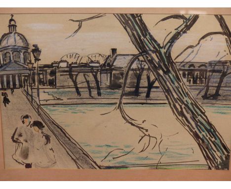 20th century impressionist school. City scene with bridge across a river. Mixed media. unsigned. 39 x 28 cm.