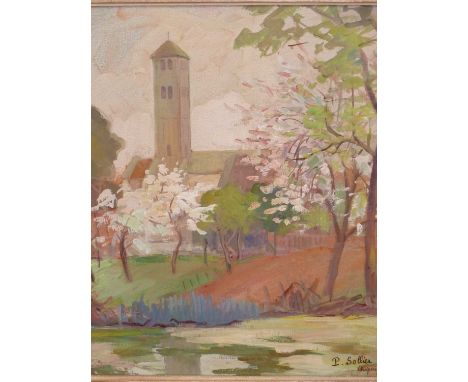 P. Sollier. (Early 20th C.) impressionist school french riverside church. Gouache. signed lower right. 36 x 45 cm. 