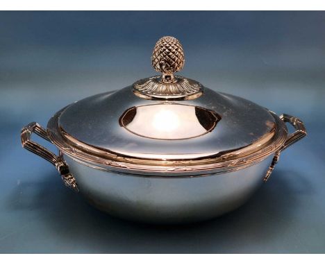 A Christofle electroplate two handled circular tureen and cover with pineapple finial.   Dia. 22cms.