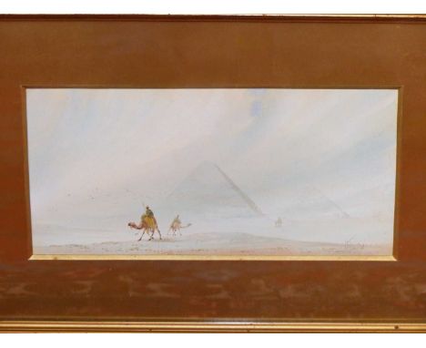 Early 20th century. The great Pyramids, Egypt, with camels. signed indistinctly l/r. 24 x 12 cm.