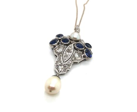 A 20th-century sapphire, diamond and cultured pearl pendant. The six oval blue sapphires in rub-over settings are surrounded 