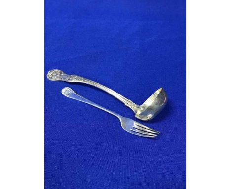 SILVER LADLE AND SINGLE SILVER FORK (2) 