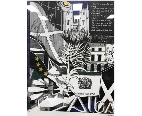 HAND COLOURED WOODBLOCK PRINT BY W C ALAN DAWSONScottish Parliament, signed and numbered 36/250Mounted, framed and under glas