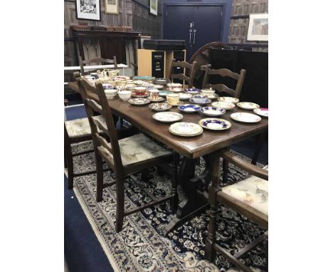 MAHOGANY REFECTORY-STYLE DINING TABLEtogether with four mahogany single dining chairs and two carvers, each with ladder backs