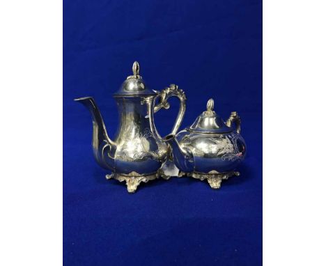 TWO PAIRS OF SILVER PLATED CANDLESTICKStogether with a small silver plated four piece tea service
