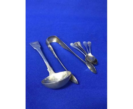PAIR OF VICTORIAN SILVER SUGAR TONGSalong with a silver toddy ladle and five various silver spoons