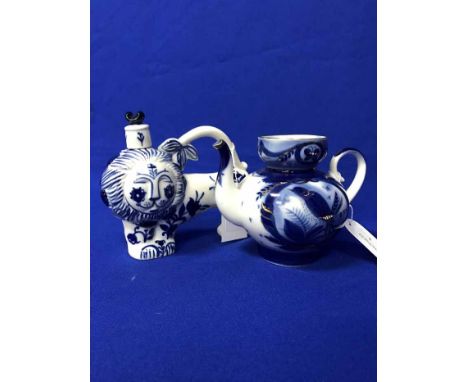 RUSSIAN BLUE AND WHITE CERAMIC SAMOVAR along with similar teapots, vases and other objects