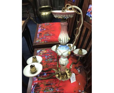 CERAMIC FLORAL DESIGN CHANDELIER with five light fixtures, gilt details