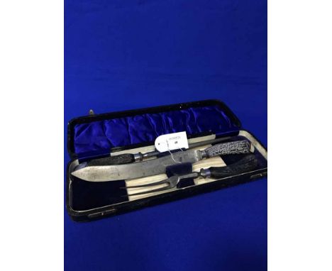 SILVER HANDLED CAST STEEL KNIFE, FORK AND PRONG in original case, made by James Allan & Co. Sheffield (3)