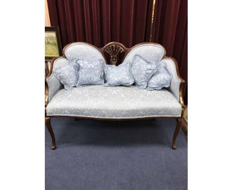 MAHOGANY TWO SEATER SOFA WITH BLUE COVER AND CUSHIONS