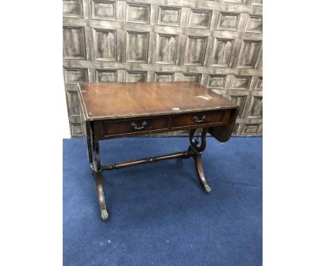 MAHOGANY SOFA TABLE, SQUARE DROP FLAP TABLE AND AN OAK RECTANGULAR TWO TIER TABLEalong with a mahogany ogee chest of drawers 