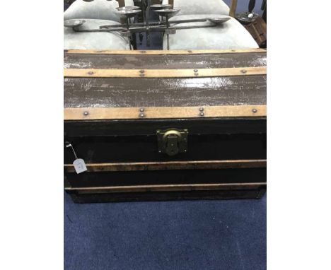 VINTAGE WOOD BOUND TRUNK AND A VINTAGE SUITCASE 