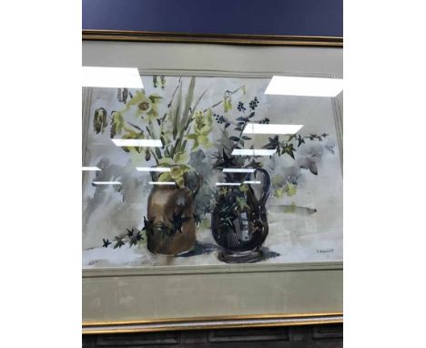 AN ORIGINAL WATERCOLOUR BY R MACDONALD SCOTTdepicting a still life with flowers in jugsMounted, framed and under glass
