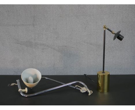 A brass adjustable table light with another vintage chrome wall light with cream enamel shade. H.54 W.94cm (largest) 