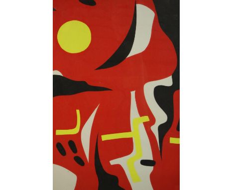 A framed and glazed mid-century abstract red black, yellow and white geometric print, indistinctly signed and dated. H.80 W.6