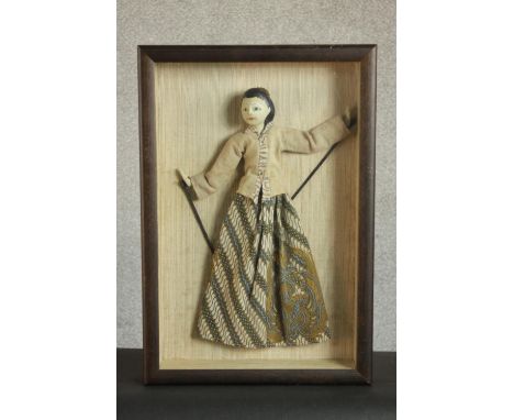 A framed and glazed fabric traditional Japanese puppet of a Geisha. H.50 W.54cm. 