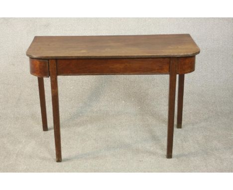 A George III mahogany D shaped console table, the top with a reeded edge on square section tapering legs. (damaged leg) H.71 