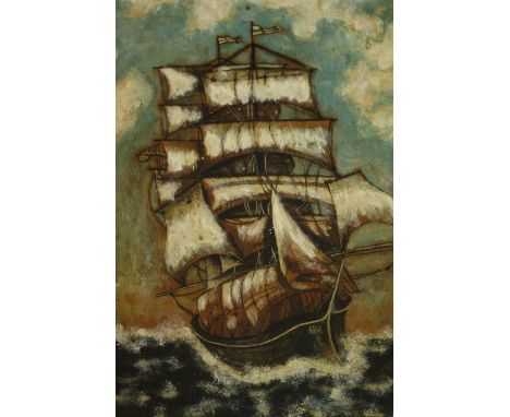An early 20th century oak framed firesceen, of rectangular form, painted on one side with a sailing ship, painted with a port
