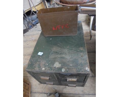 Vintage metal filing drawers together with ammunition box and 2 large bullets