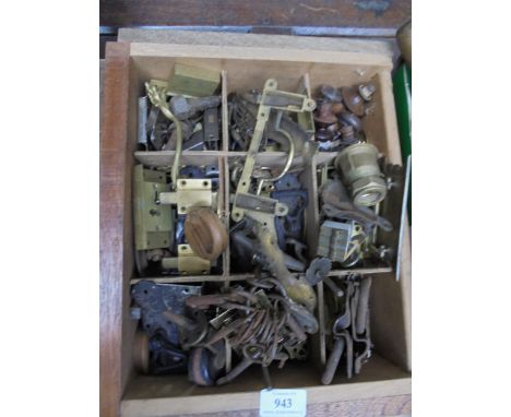 Large box of cabinet makers tools and wooden handles and locks ideal for renovating furniture