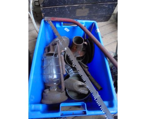 Large plastic crate containing number of copper items to include saucepan, saucepan lids bed warmers, tilly light, copper jug