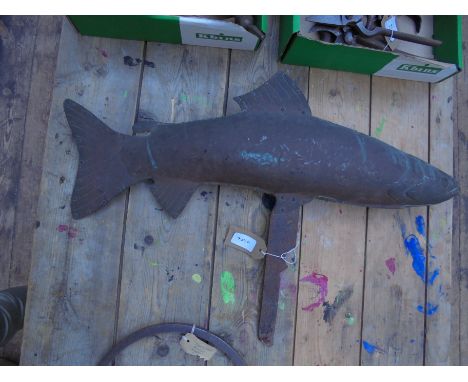Large decorative fish in copper on metal stand possibly part of a weather vane