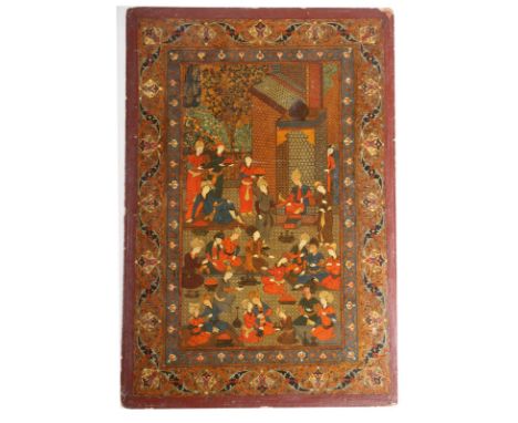  Arte Islamica. A large papier mache lacquer board depicting a royal gathering in the Safavid style Iran, 19th century. Big p