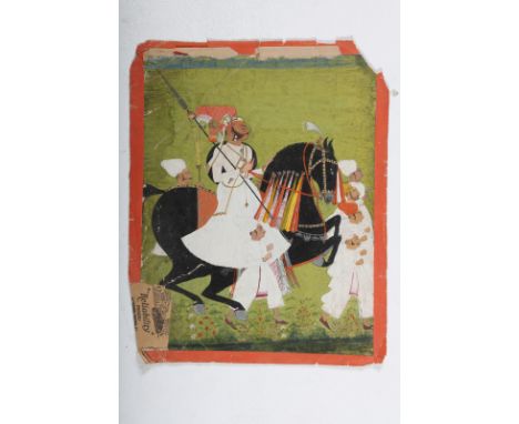  Arte Indiana. Equestrian portrait of a nobleman (Thakur?) India, Marwari painting, Jodhpur, Rajasthan, late 18th century  Na