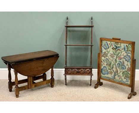 VINTAGE &amp; LATER OCCASIONAL FURNITURE (3) - an oak framed firescreen with tapestry panel, 71cms H, 51cms W, a Priory oak s