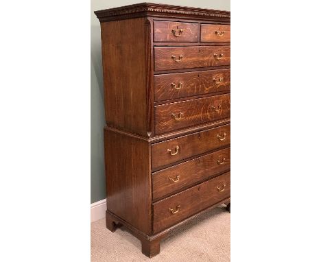 GEORGIAN OAK CHEST ON CHEST - the top having two short over three long drawers with dentil cornice and the base with three lo