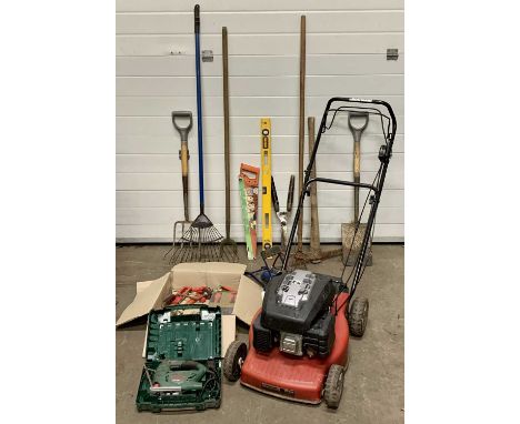 GARDENING &amp; TOOLS - Mountfield petrol lawnmower, model no. SP454, 140cc, a selection of long handled gardening tools, a B