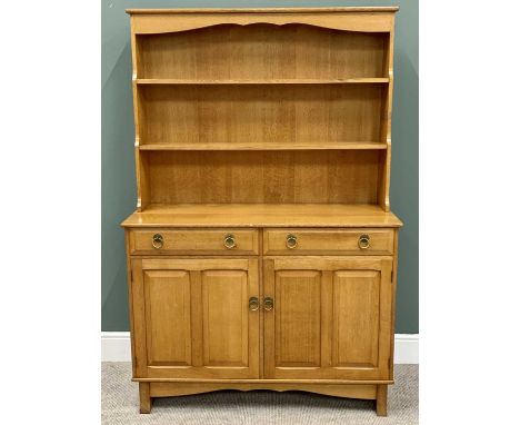 QUALITY BLONDE OAK REPRODUCTION DRESSER - having a stepped two shelf rack over a base section of twin frieze drawers and twin