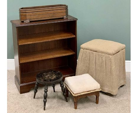 FURNITURE ASSORTMENT (5) - to include reproduction mahogany three shelf bookcase, 87cms H, 80cms W, 30cms D, a rustic circula