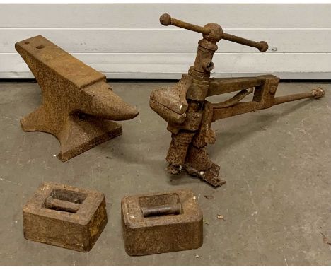 TOOLS - leg vice, two 56lb weights and an anvil, 30cms H, 72cms W, 28cms D