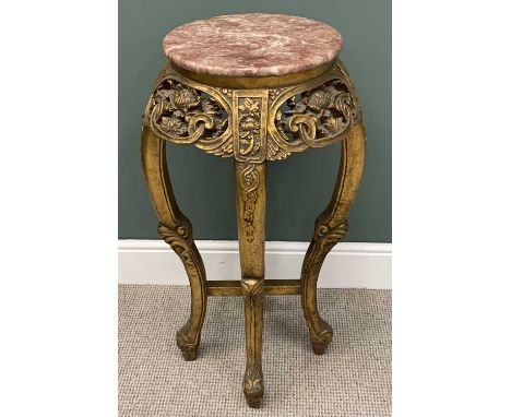 CHINESE STYLE CARVED &amp; GILDED MARBLE TOP PLANTER STAND - 91cms H, 43cms diameter at the base