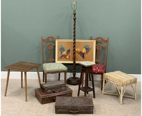 FURNISHING ASSORTMENT (10) - to include a mid-Century type square topped table, three old suitcases, barley twist standard la