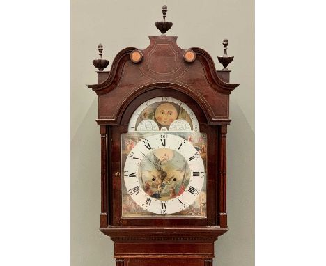 LONGCASE CLOCK - CIRCA 1840 mahogany cased, urn finial capped hood with broken swan neck pediment housing a Biblical scene pa