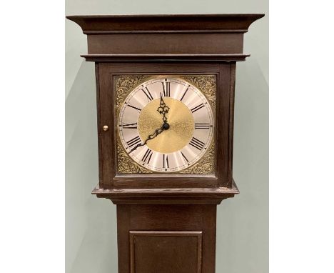 REPRODUCTION MAHOGANY LONGCASE CLOCK - slim example with brass and silvered dial having Roman numerals, twin weights and pend