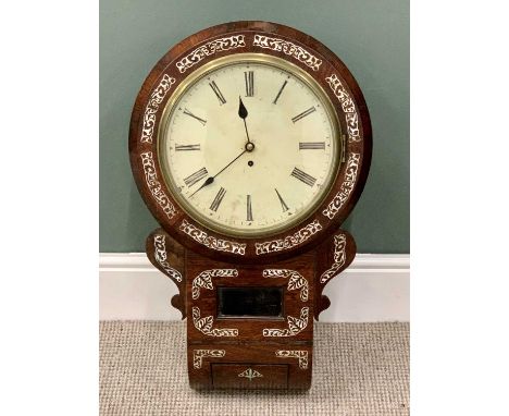 VICTORIAN ROSEWOOD CASED DROP DIAL PENDULUM WALL CLOCK - single fusee movement, painted white enamel dial with Roman numerals