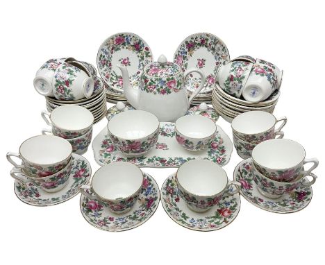 Crown Staffordshire Thousand Flowers pattern part tea service, to include teapot, two open sucriers, eighteen cups, fifteen s