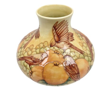 20th Century Moorcroft Finches pattern vase of squat form, upon a ochre ground, designed by Sally Tuffin, with impressed mark