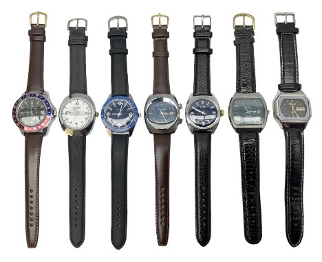 Two automatic wristwatches including Helvetia Beatmaster and Richoh and five manual wind wristwatches including Interpol, Mem