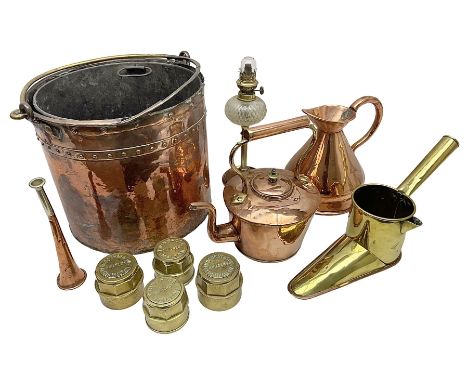 Large 19th century brass and copper bucket, with rivets, swing handle and removable zinc liner, together with Bright &amp; Co