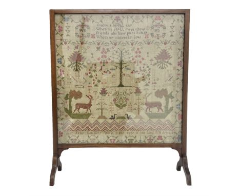 Victorian sampler, worked by Ann Jane Dawsons, age 14, dated 1838, depicting a verse above biblical motifs, later mounted int