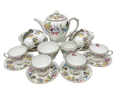 Shelley Spring Bouquet coffee wares, comprising coffee pot, eleven cups, twelve saucers, sucrier and milk jug, all with stamp