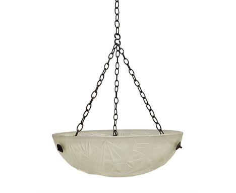 Art Deco glass ceiling light, the domed bowl shade with frosted geometric pattern suspended by three chains, D30cm